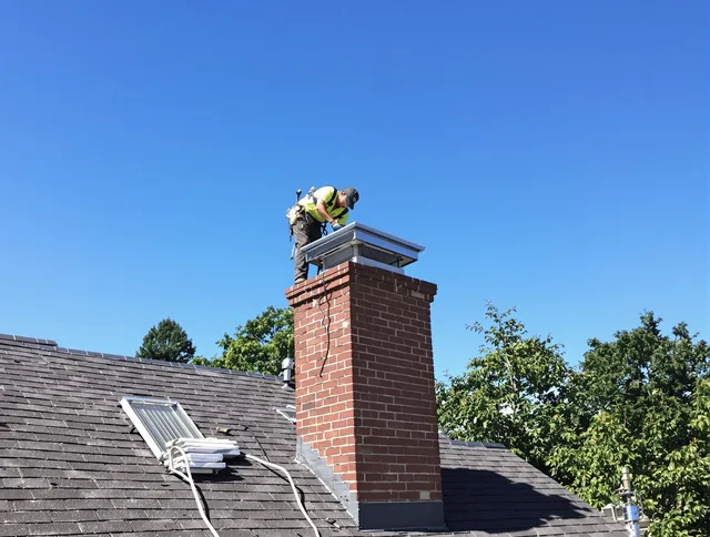Wadsworth Chimney Sweep technician measuring a chimney cap in Wadsworth, OH